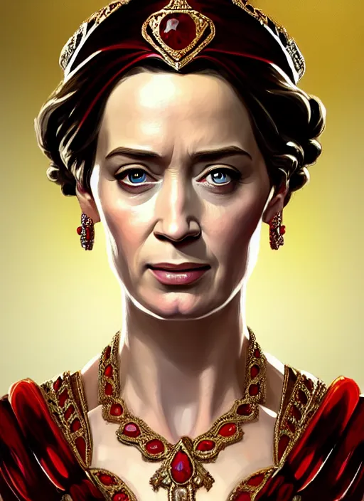 Image similar to portrait of emily blunt as queen, jewelry, greek, ruby, victorian age, 1 8 9 0, intricate, headshot, key visual, conceptart, ambient lighting, highly detailed, digital painting, artstation, concept art, sharp focus, by makoto shinkai and akihiko yoshida and greg manchess