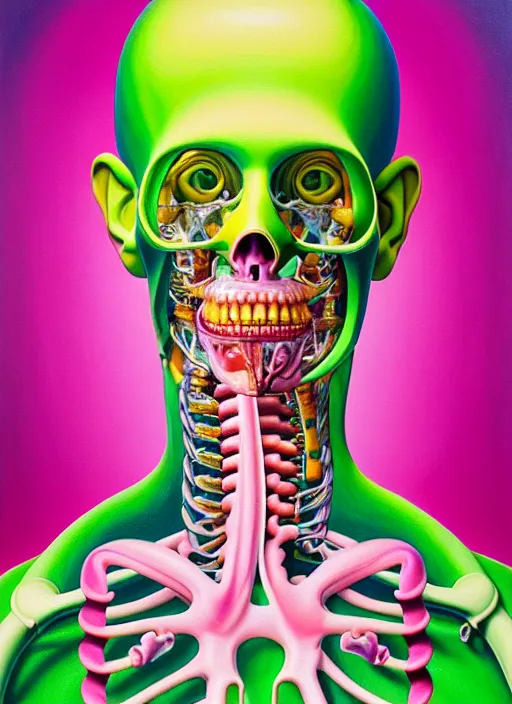 Image similar to a beautiful and highly detailed painting of an anatomical portrait wearing overalls, inside a grand room lined with paintings, emotionally expressive, oil painting, soft light, pink and green olour palette, cinematic composition, cinematic lighting, sharp focus, masterpiece by shusei nagaoka kaws, david rudnick, airbrush on canvas, pastell colors, cell shaded 8 k