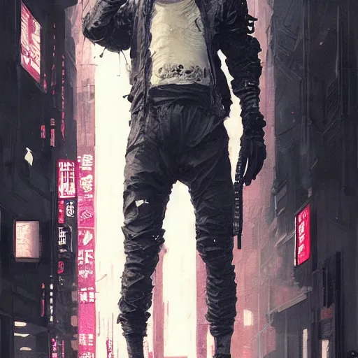 Image similar to a beautiful ukiyo painting of full body cyberpunk blade runner, dramatic pose, wearing japanese techwear, detailed symmetrical, intricate complexity, concept art, by ismail inceoglu dragan bibin hans thoma greg rutkowski alexandros pyromallis nekro rene maritte illustrated, perfect face, fine details, realistic shaded, fine - face, pretty face