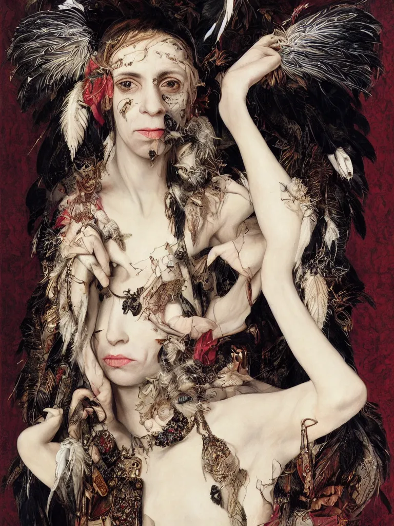 Image similar to Detailed maximalist stunning portrait of PJ Harvey with cracked porcelain skin, dark doe eyes, feathers and milks, HD mixed media, 3D collage, highly detailed and intricate, masterpiece, award-winning, surreal illustration in the style of Caravaggio, dark art, baroque