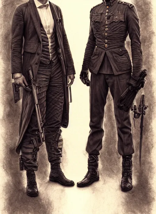 Image similar to portrait of two people, john oliver, adam driver, standing together, stoic, full body, military uniform, fantasy, intricate, elegant, beautiful, highly detailed, charcoal, centered, dark, smokey, digital painting, artstation, concept art, smooth, sharp focus, illustration, art by artgerm and greg rutkowski and alphonse mucha