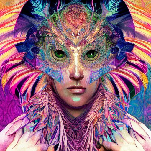 Image similar to A reality bending psychedelic ayahuasca experience, colorful, distorted, surreal, tropical bird feathers, dramatic lighting on the face, intricate, elegant, highly detailed, digital painting, concept art, smooth, sharp focus, illustration, art by Krenz Cushart and Wayne Barlowe and alphonse mucha