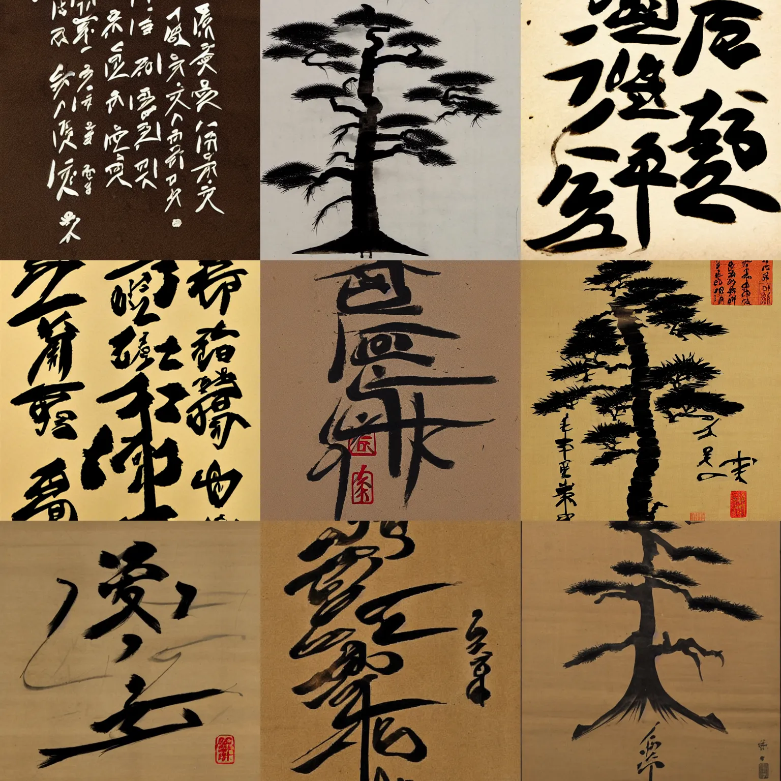 Prompt: the silhouette of a symmetrical pine tree as tangut calligraphy