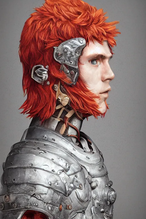 Image similar to portrait of beautiful young man, warhammer, japaneese style, more cyber armor, a lot of more scars, more and more flowers, red head, the middle ages, highly detailed, artstation, illustration, art by rene magritte, 8 k quality