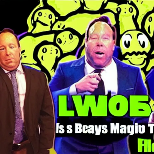 Image similar to Alex Jones becomes a frog during a bad salvia trip, Luigi's haunted mansion