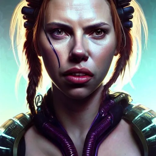 Image similar to portrait painting of a cyberpunk orc doctor extremely muscular ugly scarlett johansson with two big boar tusks, ultra realistic, concept art, intricate details, eerie, highly detailed, photorealistic, octane render, 8 k, unreal engine. art by artgerm and greg rutkowski and charlie bowater and magali villeneuve and alphonse mucha