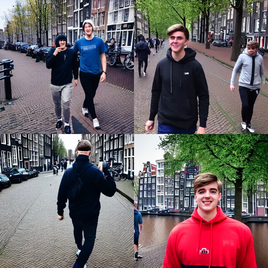 Prompt: youtuber mr. beast walking through the streets of amsterdam