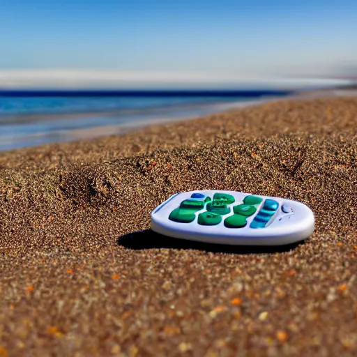 Prompt: a remote control on a beach