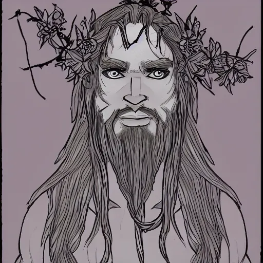 Prompt: male firbolg druid with vines and hibiscus flowers as hair simple drawing, pointy ears, gray skin, dungeons and dragons, comic style