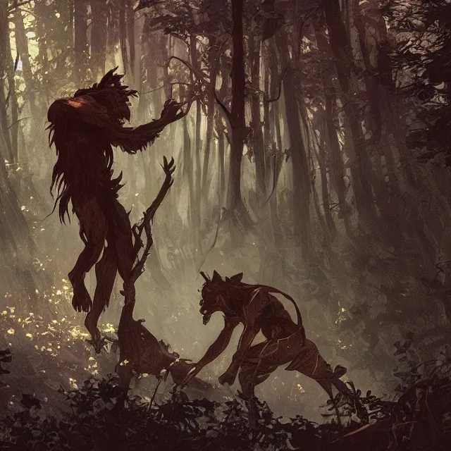 Image similar to a male werewolf fighting a young fit male vampire in a dark forest at night, by greg rutkowski and alphonse mucha, gradient brown to red, highly detailed, digital painting, artstation, concept art, smooth, sharp focus illustration