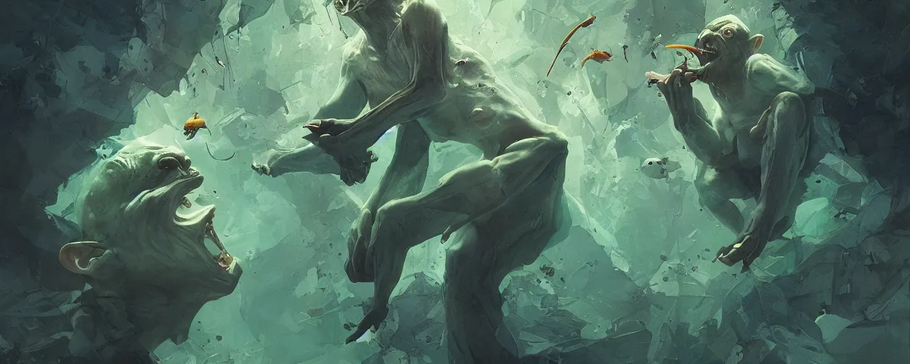 Image similar to duotone green blue illustration 3 / 4 portrait of gollum dancing and holding fish in his mouth. volumetric lighting. dynamic composition accidental renaissance golden ratio. by sachin teng and sergey kolesov and ruan jia and heng z. graffiti art, scifi, fantasy, hyper detailed. octane render. concept art. trending on artstation