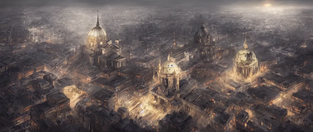 Prompt: futuristic nazi german city, Berlin cathedral, concept art, digital painting, style of jordan grimmer, futuristic, volumetric lighting, view from above, symmetrical