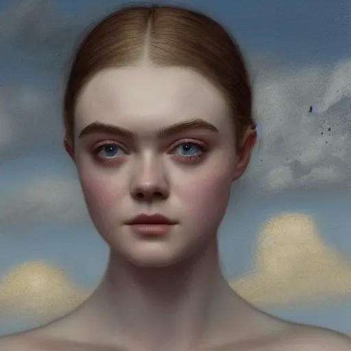 Prompt: professional painting of Elle Fanning in the style of Dino Valls and Craig Mullins, head and shoulders portrait, symmetrical facial features, smooth, sharp focus, illustration, intricate, stormy weather, extremely detailed masterpiece,