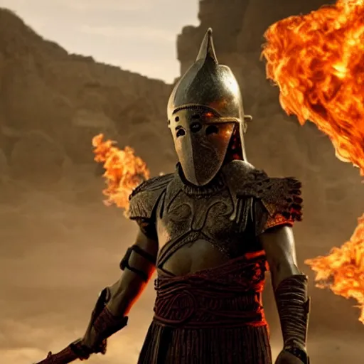 Image similar to cinematic still of ghostly man in ancient Canaanite armor and a flaming sword, paradise in the background, Biblical epic directed by Peter Jackson