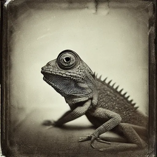 Image similar to wet plate photograph of a chameleon, daugerrotype, collodion photography