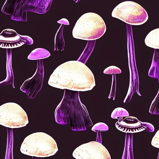 Image similar to mushrooms on a black background, purple internal glow, wallpaper, Illustration, Anatomical Drawing, Painting