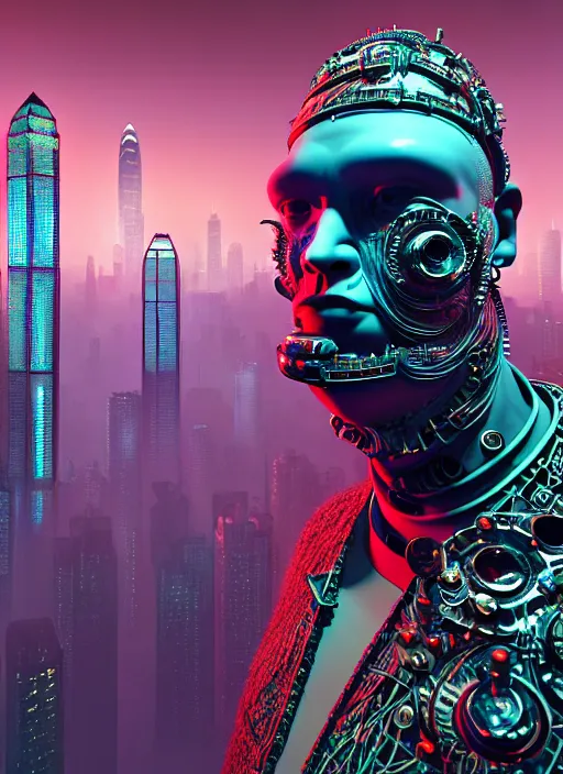 Image similar to portrait of an absurdly ugly, awful disgusting fat gross man, fashionable cyberpunk mechanoid, hong kong city background, hyperdetailed illustration by irakli nadar and alexandre ferra and alexander mc queen, intricate linework, white porcelain skin, faberge, coral headdress, unreal engine 5 highly rendered, global illumination, radiant light