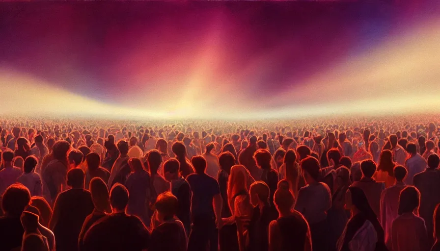 Image similar to painting of a crowd reaching towards the glowing sky, volumetric lighting, nasty, hyperdetailed, realistic