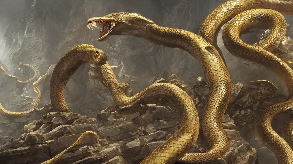 Image similar to marble temple, giant snakes, ribcage, gold, godrays, cgsociety,