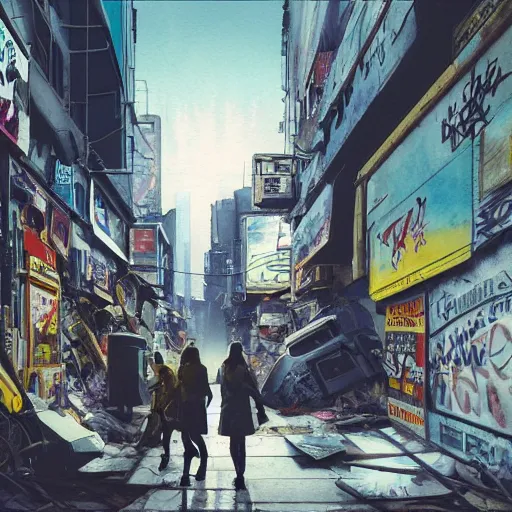 Image similar to incredible wide screenshot, ultrawide, simple watercolor, rough paper texture, ghost in the shell movie scene, backlit distant shot of girl in a parka running from a giant robot invasion side view, yellow parasol in deserted dusty shinjuku junk town, broken vending machines, bold graphic graffiti, old pawn shop, bright sun bleached ground, mud, fog, dust, windy, scary robot monster lurks in the background, ghost mask, teeth, animatronic, black smoke, pale beige sky, junk tv, texture, brown mud, dust, tangled overhead wires, telephone pole, dusty, dry, pencil marks, genius party,shinjuku, koji morimoto, katsuya terada, masamune shirow, tatsuyuki tanaka hd, 4k, remaster, dynamic camera angle, deep 3 point perspective, fish eye, dynamic scene