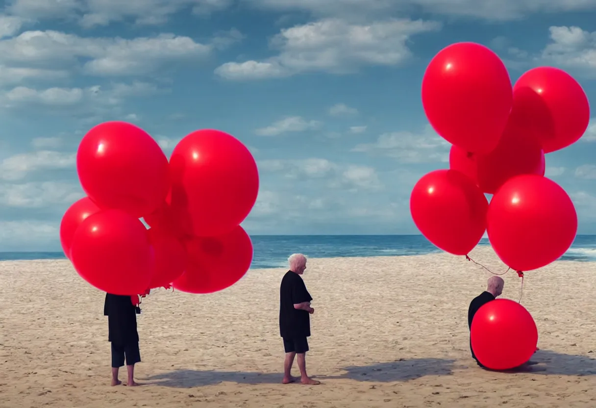 Prompt: lonely old man on the beach, holding red balloons. extremely high fidelity, 8 k, super resolution, cinematic view, super resolution, epic, hyperdetailed, digital painting, artstation, concept art, smooth, sharp focus, octane render, dramatic lighting, ground level, art by artgerm and greg rutkowski and alphonse mucha and wlop