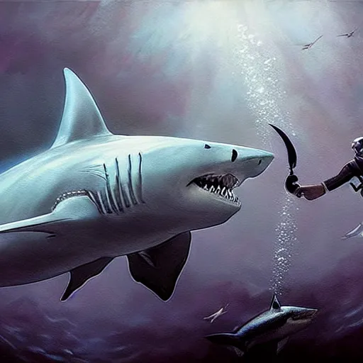 Image similar to a dream fantasy painting of ( white shark with blood teeth ) near a scuba diver, in the deep, trending on artstation, deviantart, matte painting by antonio j. manzanedo, greg rutkowski, holly bruce,