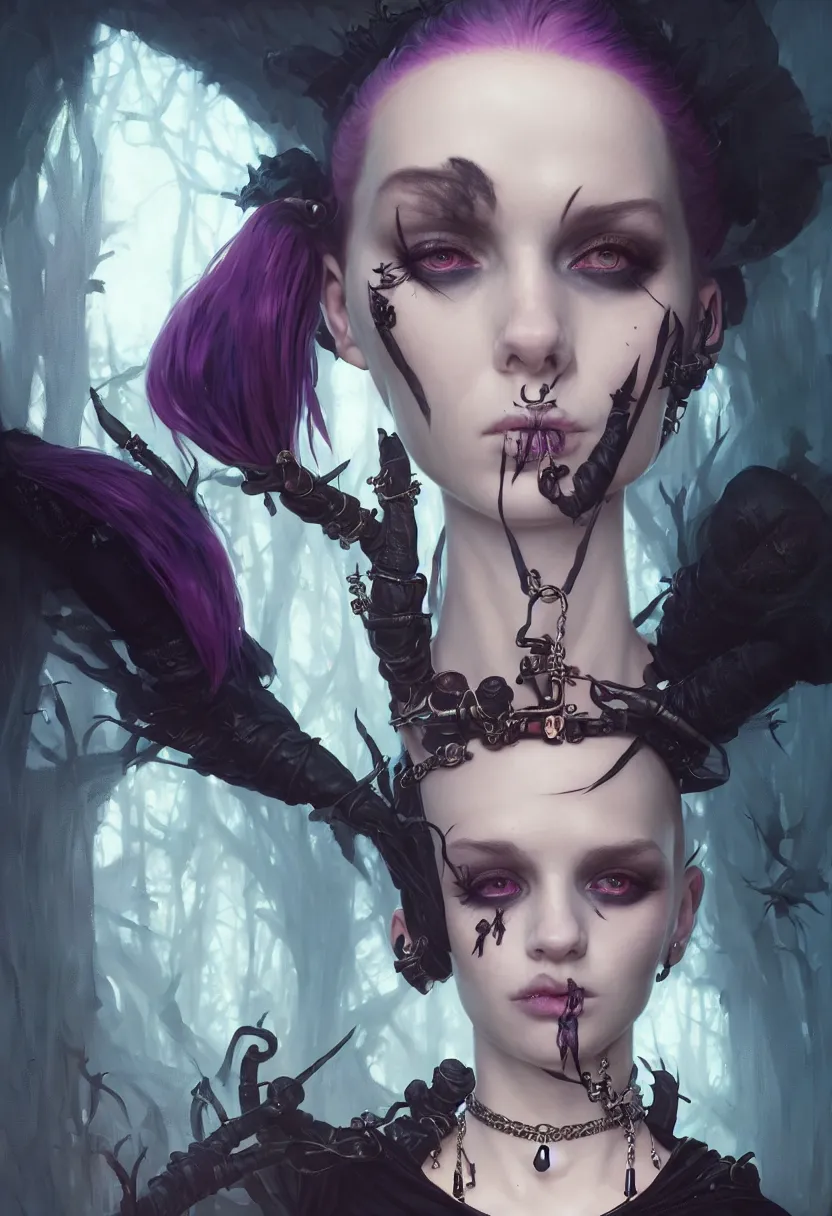 Image similar to beautiful very extreme closeup portrait, reflection in mirrors, goth girl, piercings collar, mohawk hairstyle, medieval dress. witch, makeup. unreal engine, greg rutkowski, loish, rhads, beeple, tom bagshaw, alphonse mucha, global illumination, detailed and intricate environment