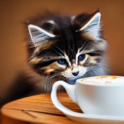 Prompt: siberian forest cat kitten licking a cappuccino, photography, realistic, 8 k hd, award winning, very detailed, daylight