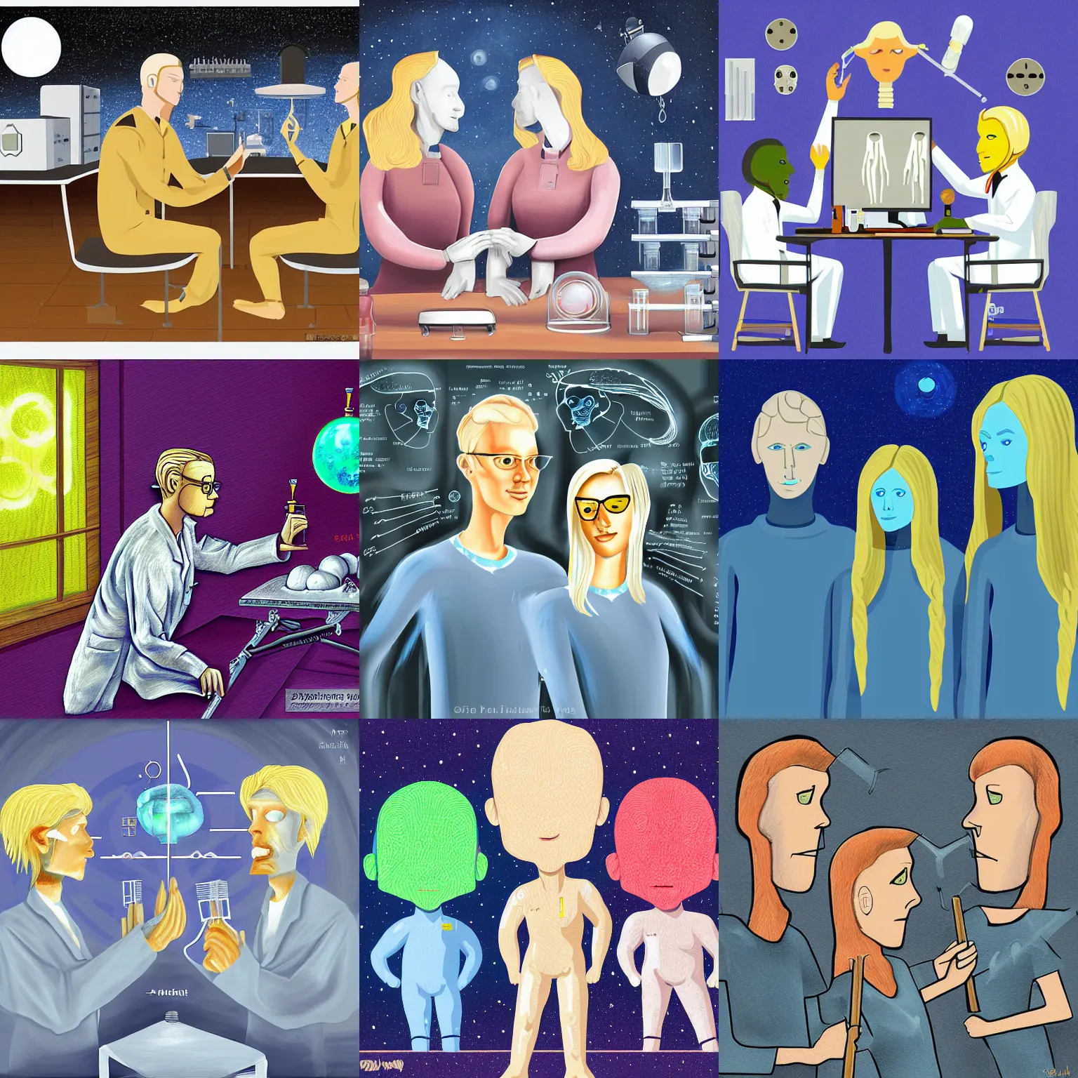 Prompt: tall blond nordic extraterrestrial scientists researching the human brain in their lab, digital painting