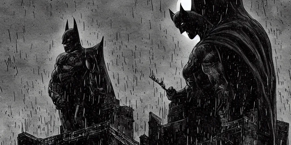 Prompt: Batman hunched over a building gargoyle at night looking over Gotham City, gothic, dark, moody atmospheric, moonlight, Frank Millar style, graphic art,