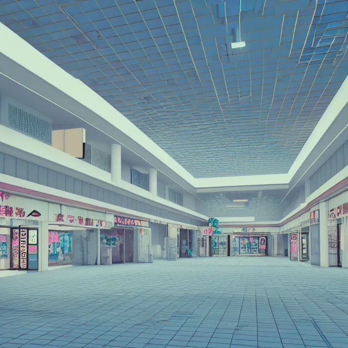 Image similar to vaporwave 7 0 s dreamy empty empty shopping mall, japanese style, highly detailed, 3 d render, vray, octane, realistic lighting, photorealistic