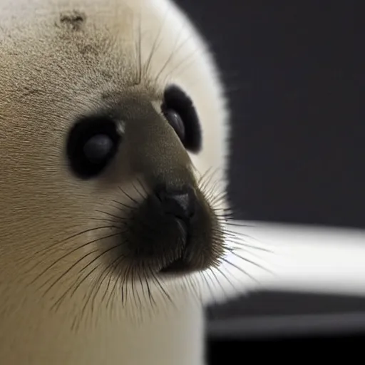 Prompt: a baby harp seal with black fur looking at plans for a nuclear bomb, sitting inside an office at a luxury resort in florida, ap news
