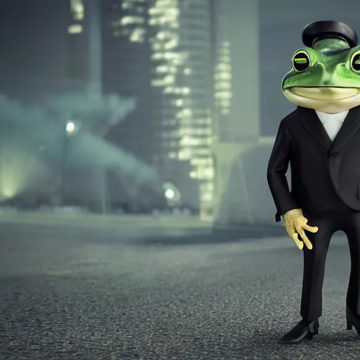 Prompt: a bussines man frog in a black suit, cinematic lightning, 8 k, octane render, art station, matte painting, trending, 8 k