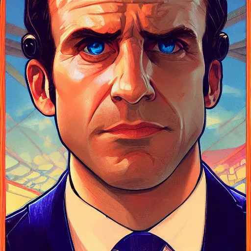 Image similar to [Flamboyant Macron as GTA character, propaganda, closeup, D&D, intricate, elegant, highly detailed, digital painting, artstation, concept art, matte, sharp focus, illustration, art by Artgerm and Greg Rutkowski and Alphonse Mucha]