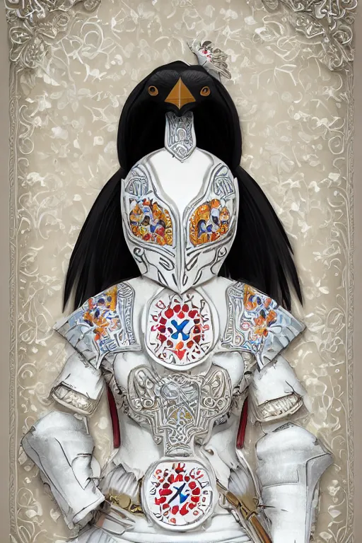 Image similar to female adventurer in tight full - body white embroidered leather armor of vyshyvanka design and a japanese - style white porcelain crow mask, trending in artstation, ukrainian, establishing shot