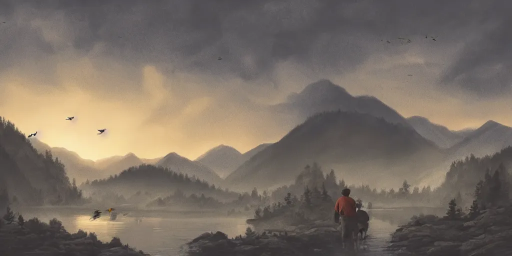 Prompt: A majestic landscape featuring a river, mountains and a forest. A group of birds is flying in the sky. There is an old man with a dog standing next to him. The man is wearing a backpack. They are both staring at the sunset. Cinematic, very beautiful, pencil drawing