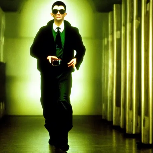 Image similar to rowan atkinson as neo from the matrix