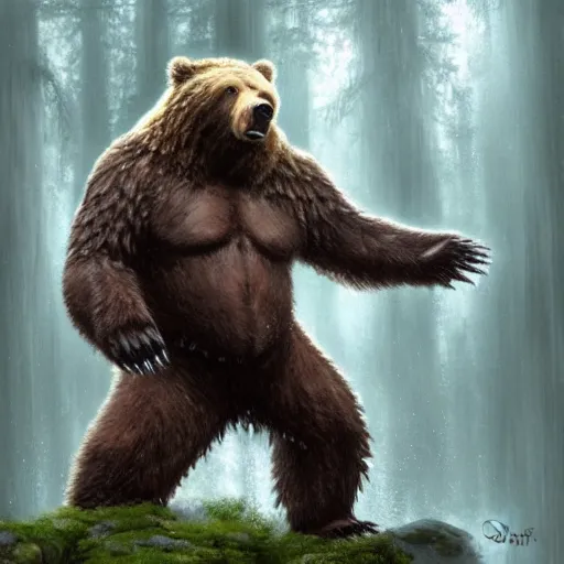 Prompt: one ferocious giant grizzly bear monster with 4 arms in a forest, fantasy concept art, by greg rutowski, detailed, epic pose