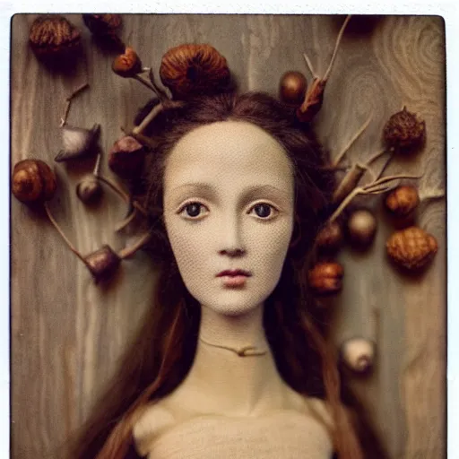 Prompt: medium shot polaroid instax portrait of a beautiful female jointed handmade wooden art doll, made of wood!!!!!, hair with twigs and branches, holding each other, oak trees, oak leaves!!, acorns, dendritic, painting by agostino arrivabene, by fernand khnopff, surreal, detailed