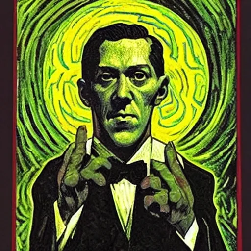 Image similar to h p lovecraft holding up an glowing orb of malice, it radiates dark, eldritch energy, detailed in the style of vincent van gogh