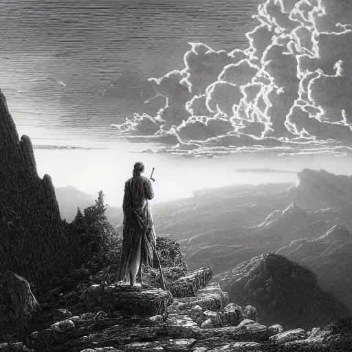 Prompt: A wanderer on a mountain, montaintop, georgeous view, distant forest, distant city, distant glow, night, moon, dramatic light, Chiaroscuro, long shadows, dark, masterpiece, high detail, detailed, illustration by Paul Gustave Doré