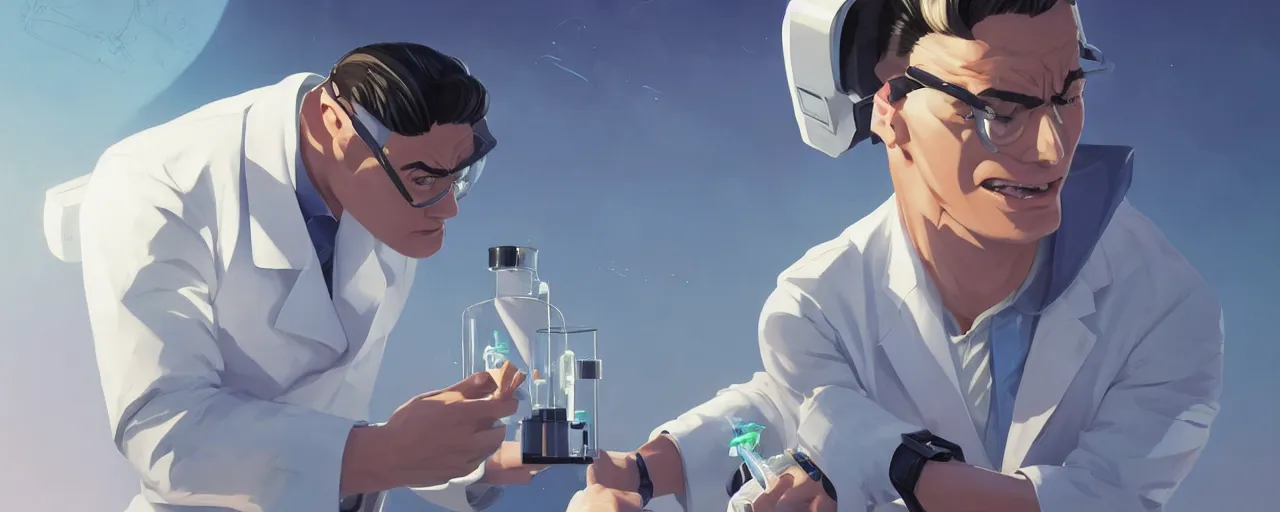 Image similar to stoic heroic emotionless butch young man scientist with short slicked - back hair, making an experiment - wearing white suit, wearing jetpack, digital art, rough paper, behance hd by jesper ejsing, by rhads, makoto shinkai and lois van baarle, ilya kuvshinov, rossdraws global illumination.