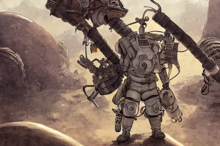 Image similar to anthropomorphic rodent with white and black ancestral ornate japanese tactical gear on an abandonment desert planet, high intricate details, long shot, rule of thirds, golden ratio, graphic novel by fiona staples and dustin nguyen, by beaststars and orange, peter elson, alan bean, studio ghibli, makoto shinkai