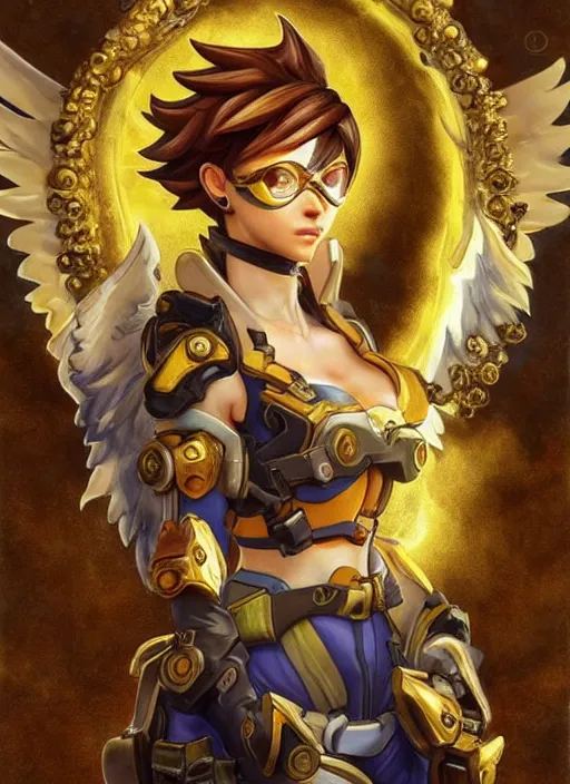 Prompt: full body oil painting of tracer overwatch in the style of sophie anderson, angel wings, angelic golden armor, dramatic painting, symmetrical composition, ornate, golden chains, high detail, gold detailed collar!!!!!, blooming, lights, flowers, detailed face,