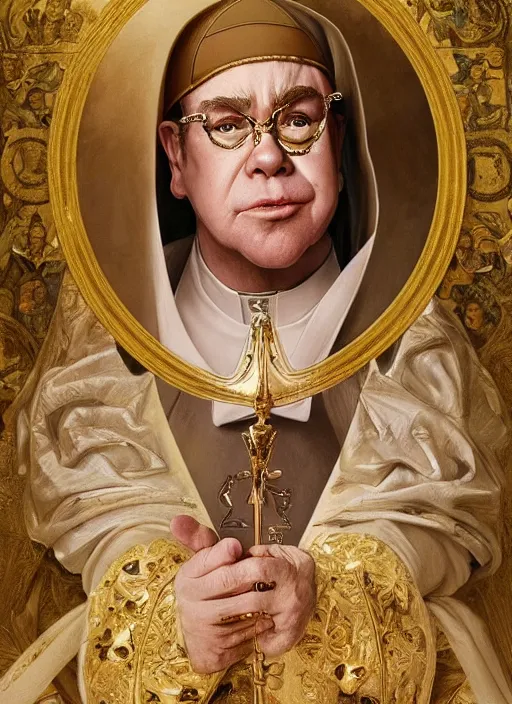 Image similar to Elton John as the pope, headshot, painted renaissance character portrait, highly detailed, painting, artstation, sharp focus, art by artgerm and greg rutkowski and alphonse mucha and magali villeneuve