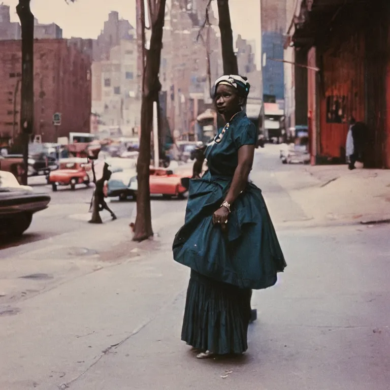 Prompt: medium format colour film portrait of woman in harlem by street photographer, 1 9 6 0 s hasselblad film photography, featured on unsplash, photographed on vintage film
