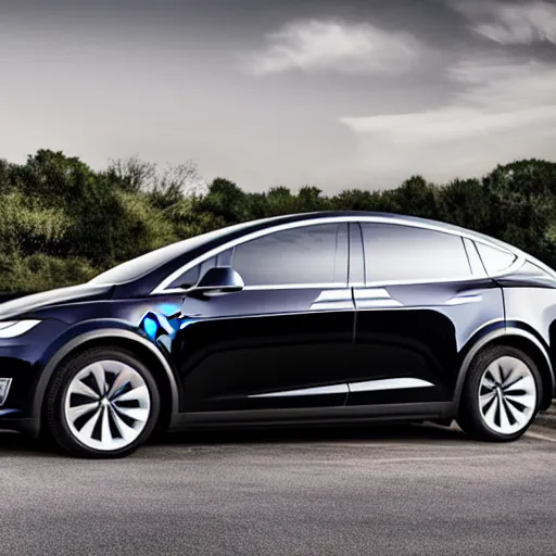 Image similar to full length wide angle photo of a tesla model x as a limousine, advertising photography, hdr 8 k photo