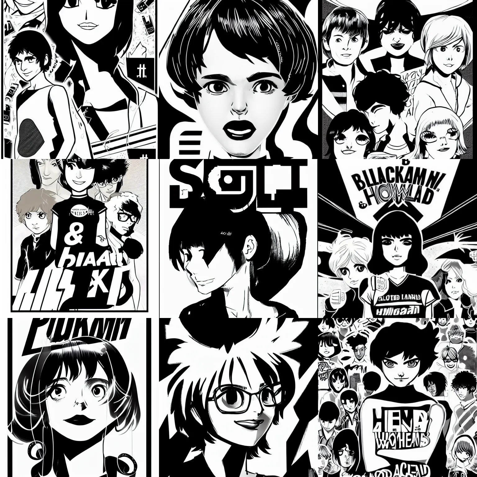 Prompt: black and white brand ( ( ( logo ) ) ) of woman head and shoulders and hair in style of scott pilgrim, central composition, elegant, simple, by bryan lee o'malley