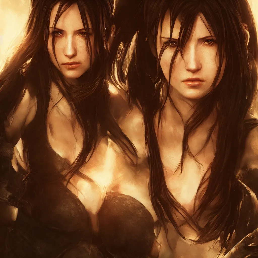 Image similar to Tifa Lockhart portrait, atmospheric lighting, painted, intricate, volumetric lighting, beautiful, golden hour, sharp focus, ultra detailed, by Leesha Hannigan, Ross Tran, Thierry Doizon, Kai Carpenter,Ignacio Fernández Ríos