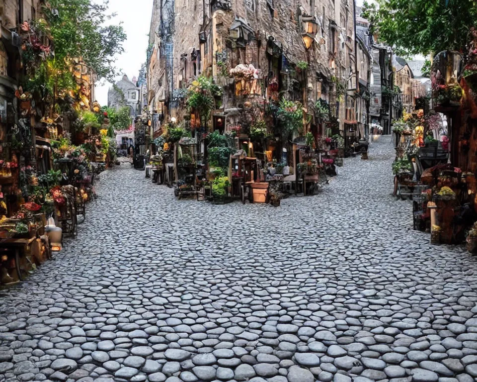 Image similar to cobblestone streets filled with fae, cobblestone, faerie, fanciful